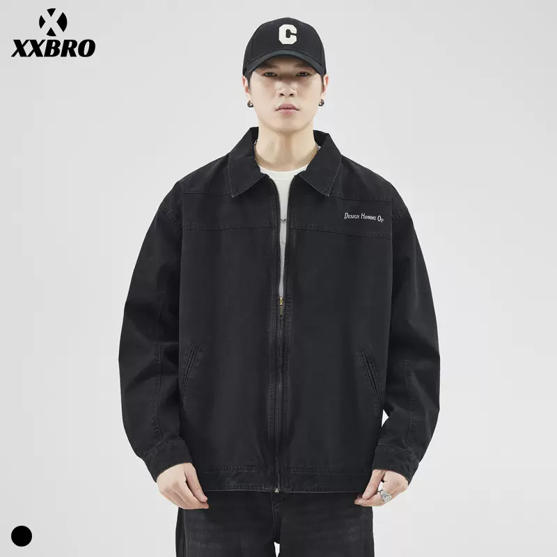 xxbro男装#美式潮牌春季款刺绣宽松夹克黑色外套男士休闲百搭上衣