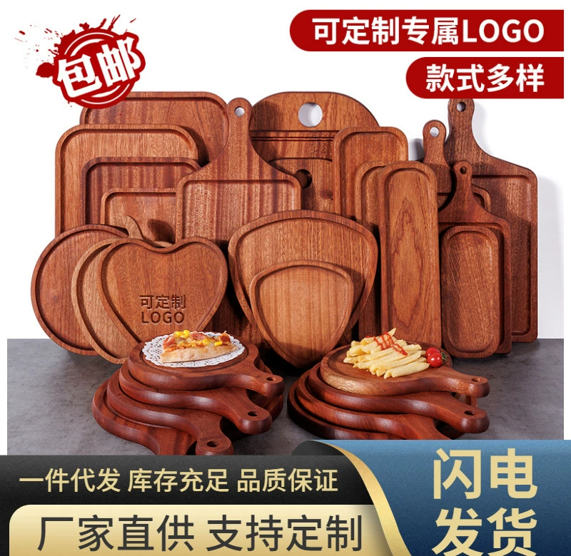 Прямоугольный поднос для стейков из черного дерева, японский поднос для суши, хлеба, пиццы, круглый поднос для фруктов и закусок, деревянная тарелка для стейков