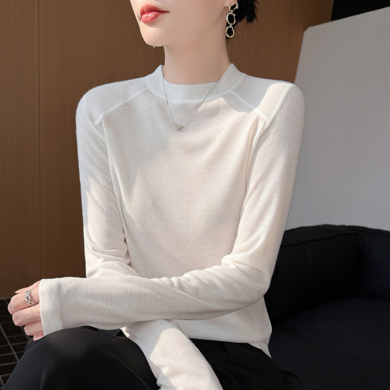 Elegant Half-High Collar Long-Sleeve T-Shirt Knitwear for Women, Spring Thin Slim-Fit Slimming Base Shirt, Versatile Fine-Knit Base Top