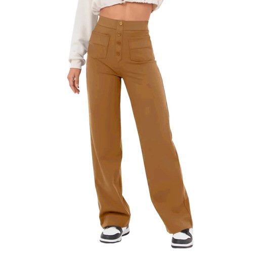 2024 Amazon Europe and America fashion new style women's casual straight leg pants high waist button elastic with multiple pockets 