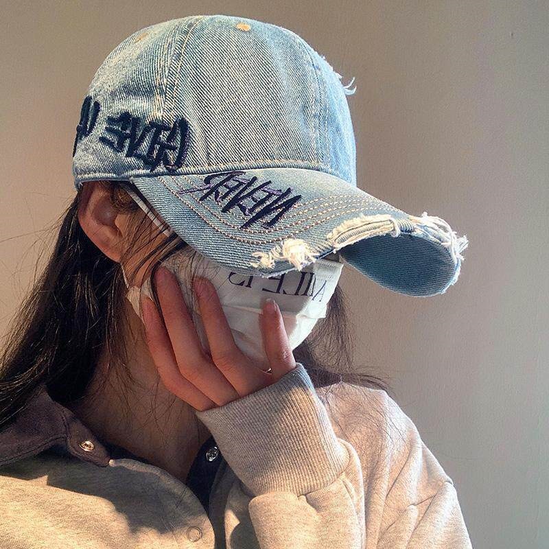 美式水洗做旧破洞牛仔棒球帽女百搭刺绣字母显脸小宽帽檐鸭舌帽子