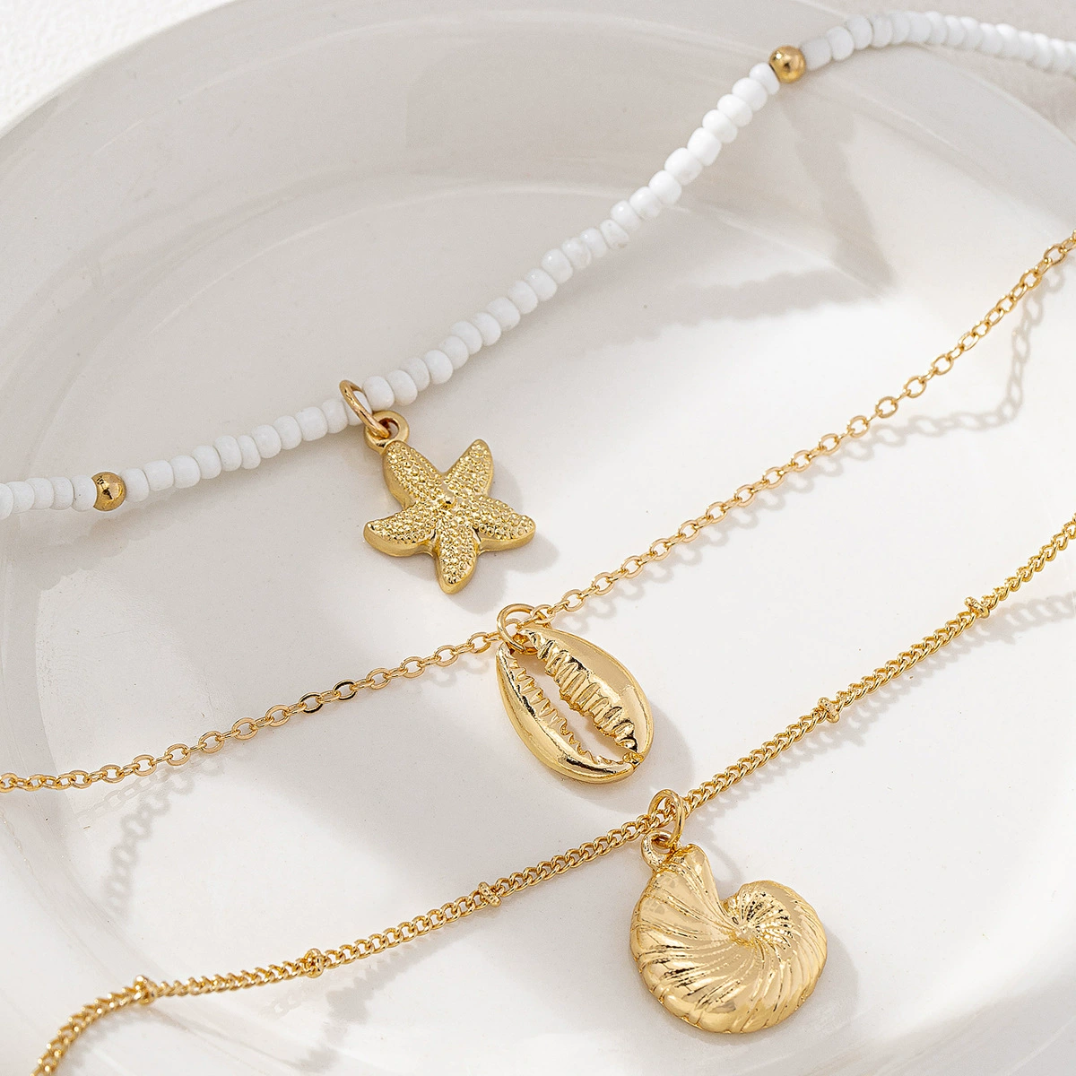 3 marine elements vacation style necklace set conch, starfish, beach women's multi-layer design