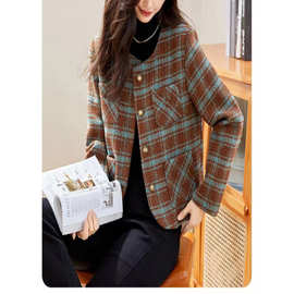 白鸭绒内胆冬季新款美拉德色系撞色格子小香风羽绒服上衣加厚外套