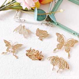 保色合金点翠芍药蝴蝶贝壳螺钿胸针汉服别针DIY底胚仿烧蓝团建用