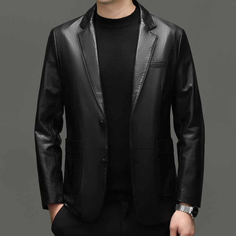 Bg-X089 Spring and Autumn Haining Leather Jacket for Men, First Layer Cowhide Suit, Business Casual Men's Coat, Black Bg-X089 Spring and Autumn Haining Leather Jacket for Men, First Layer Cowhide Suit, Business Casual Men's Coat, Black