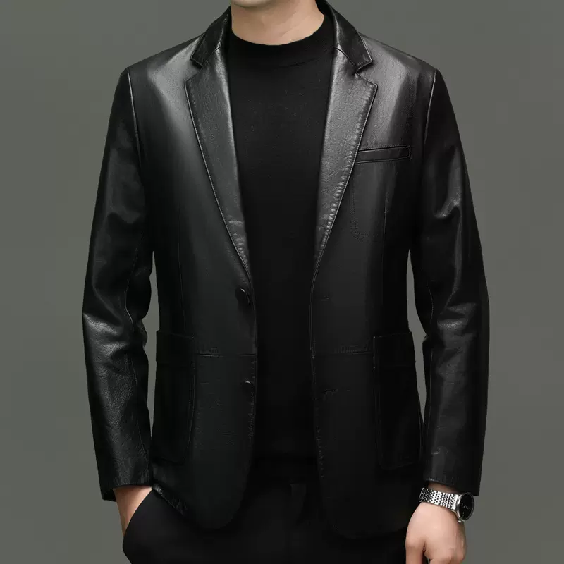 BG-X089春秋款海宁皮衣男头层牛皮西服商务休闲男装外套黑色
