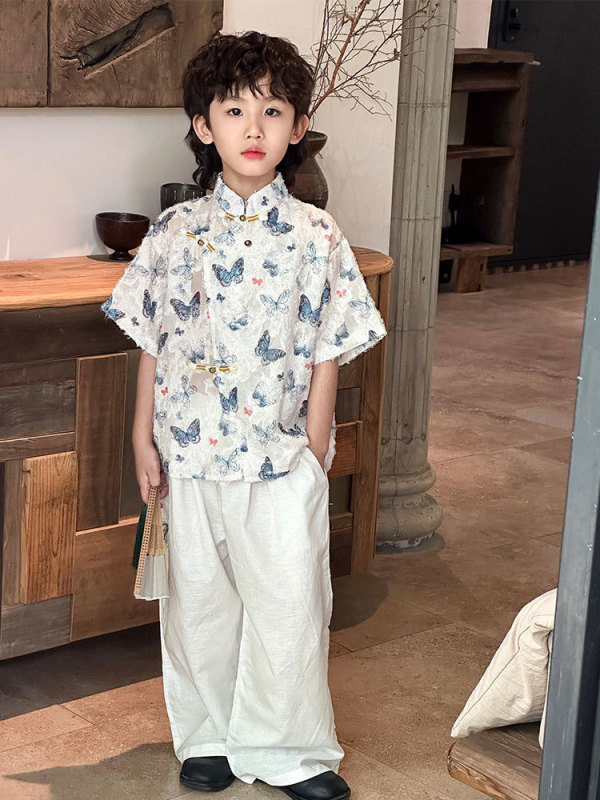 2025新中式儿童套装 男童蝴蝶提花上衣 + 白色棉麻阔腿裤一件代发|undefined