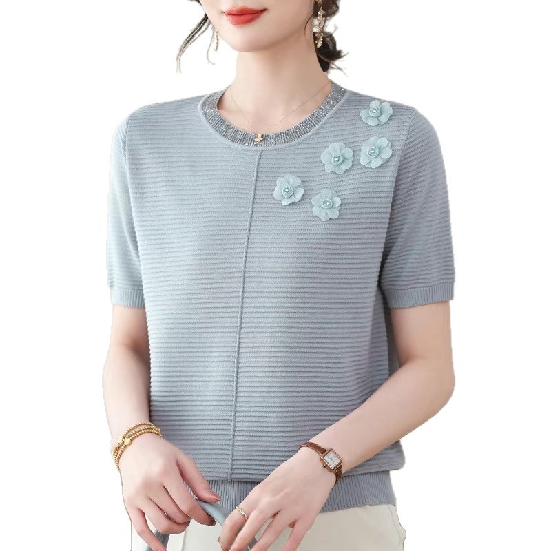 中年女性の夏トップス、ママの半袖セーター、ラウンドネックTシャツ、ゆったりとしたおしゃれな義母のシャツ、婦人服|undefined