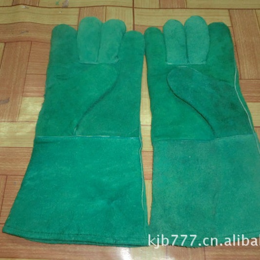 专业厂家生产牛皮头二层BC级绿色电焊手套 防切割手套 劳保专用