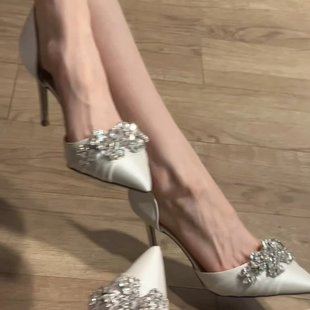 Spring 2025 New Korean Style Pointed Pleated Rhinestone High Heels Stiletto Heel Sandals Wedding Shoes Fashion Cross-border Women's Shoes