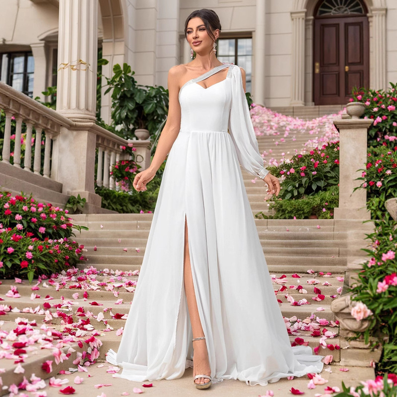 European and American Export Dress New Chiffon One-Shoulder Sleeve Dress Banquet Wedding Wedding Dress Evening Dress Bridesmaid Dress