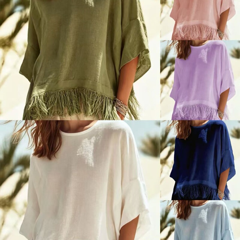 New European and American cross-border foreign trade women's clothing, solid color loose top with tassel hem, lightweight and breathable batwing sleeves New European and American cross-border foreign trade women's clothing, solid color loose top with tassel hem, lightweight and breathable batwing sleeves