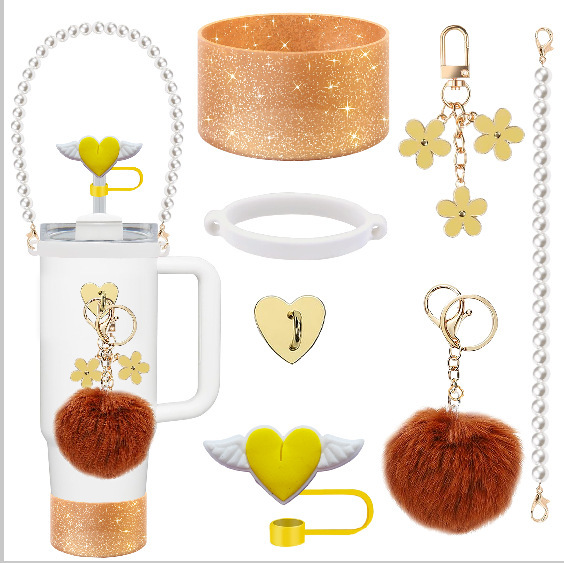Amazon taza de calor cuentas brazalete llavero botella de agua colgante margarita gorra de paja flor colgante taza cubierta