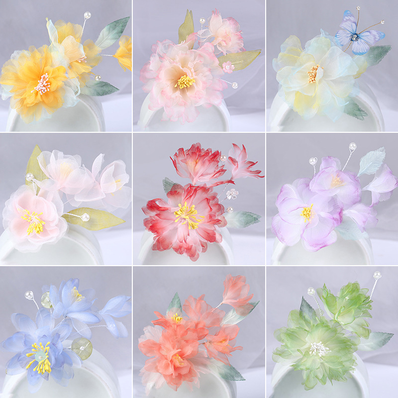 Gradient Silk Flower Hair Accessory for Hanfu, Traditional Chinese Style Cheongsam Hairpin, Ancient Style Flower Hair Clip with Back Edge