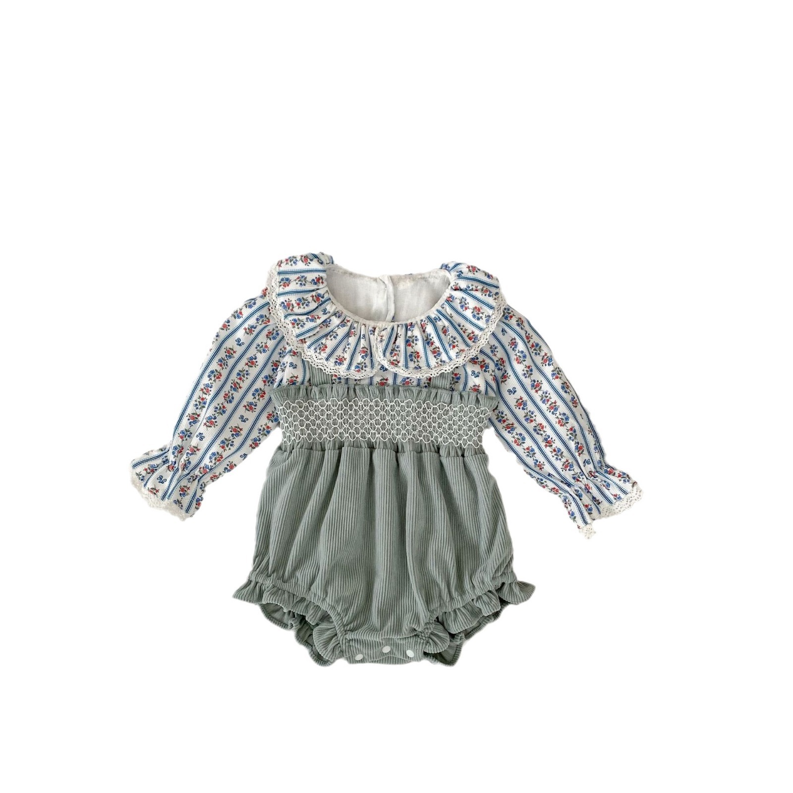 Vestito autunnale per neonata 2024 con due maniche lunghe e triangolo in pizzo patchwork di velluto a coste per gattonare, incluso scoreggia_voghion.com