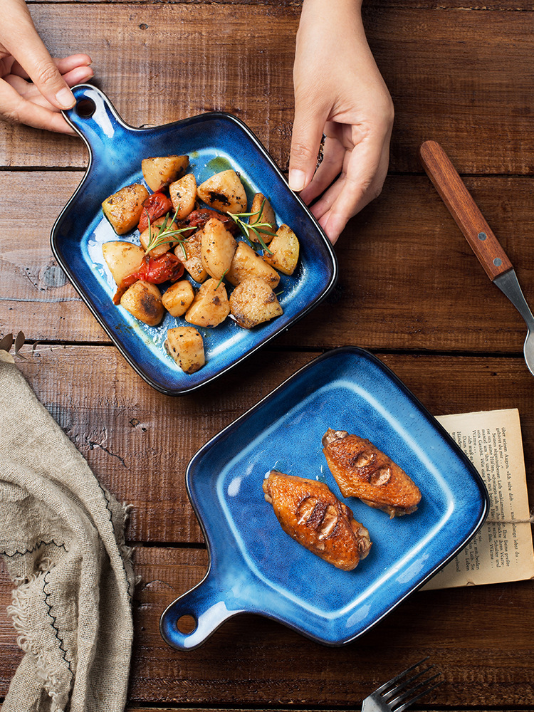 Placa de cerámica creativa con mango hogar plato fruta hornear Internet celebridad arroz al horno japonés esmalte vajilla