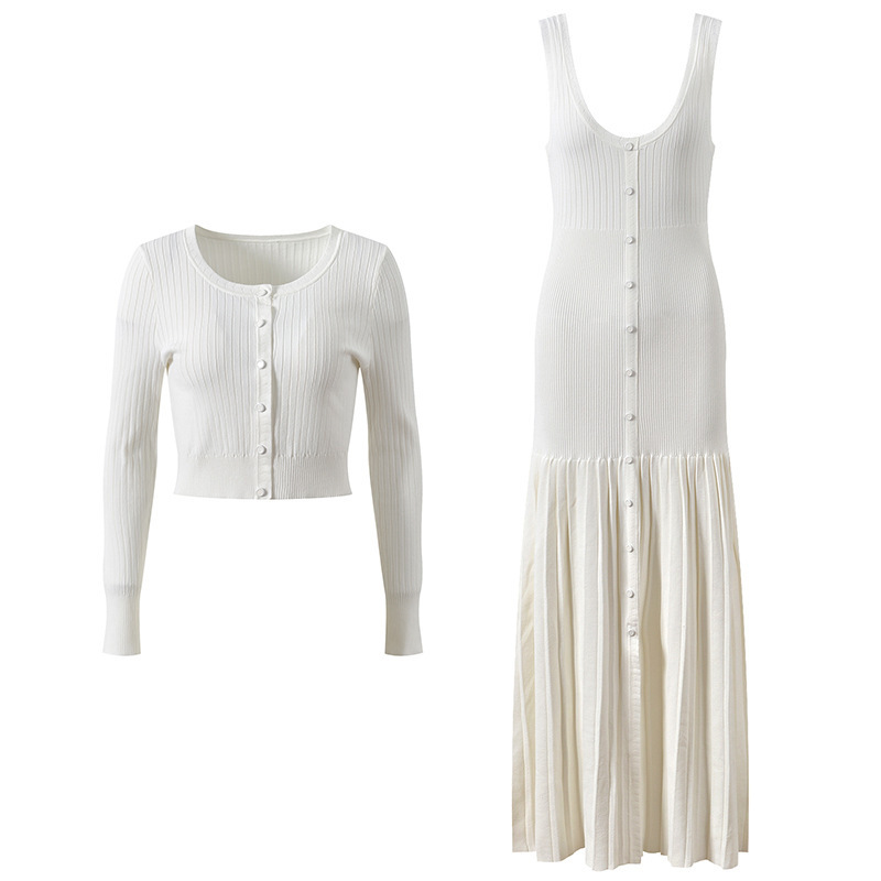 2025 Early Autumn New French-Style Chanel-Inspired Round-Neck Knit Slim-Fit Cardigan + Sleeveless Backless Dress Set