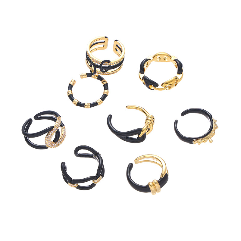 Moda retro europea y americana de latón galvanizado oro real de alta calidad gota de aceite anillo abierto diseño personalizado anillo negro para las mujeres