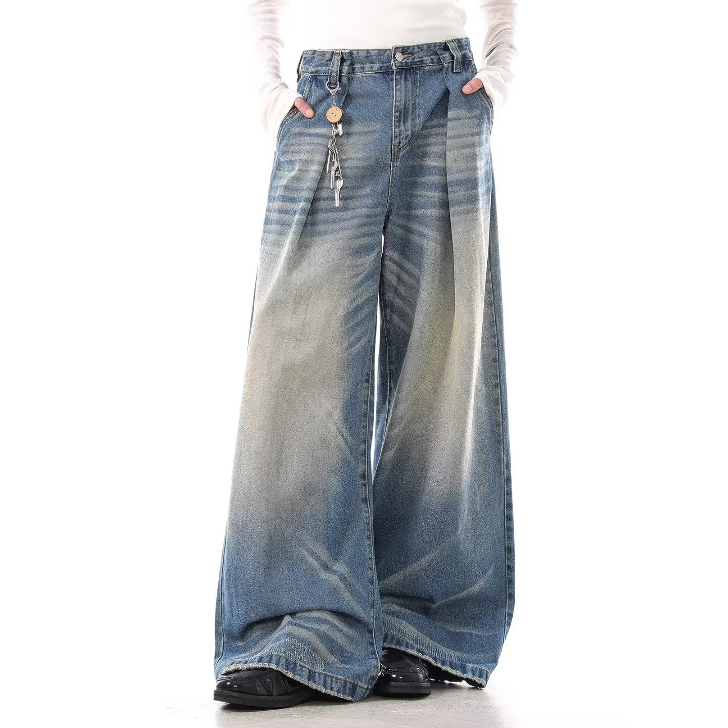 High Waist Wide-Leg Vintage Washed Jeans Cat Whisker Distressing Classic Blue S-3XL Men's Clothing Denim Trousers_mkmklike.com