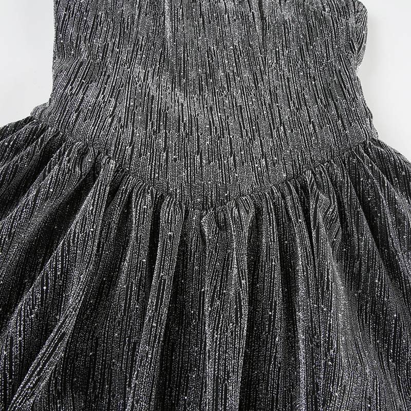 Bright Silk Thin Glittering Halter Dress Tube Top Cinched Waist A line Puffy Puffy dress