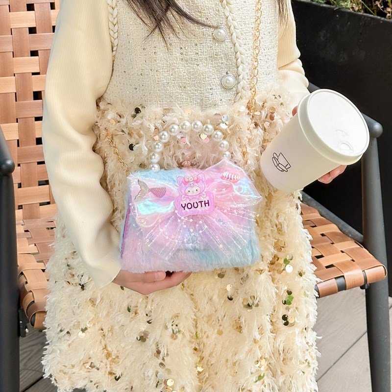 Niñas lindas bolsas de peluche arco iris 2025 exportaciones de comercio exterior de aire extranjero bolsa de tramo inclinada bolsa de princesa de perlas