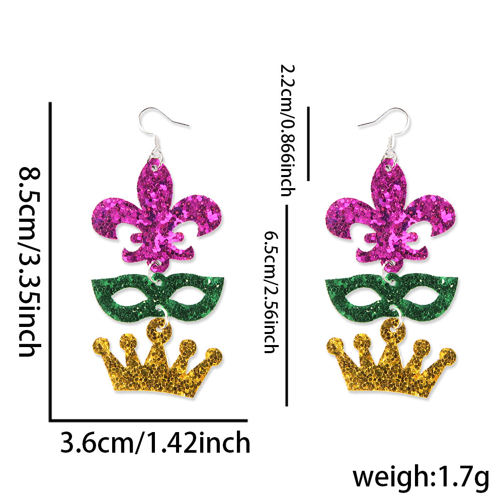 Carnaval de doble cara pendientes de sequillas máscara de oro roxo verde iris adornos de orejas pendientes de letras de Mardi Gras joyas
