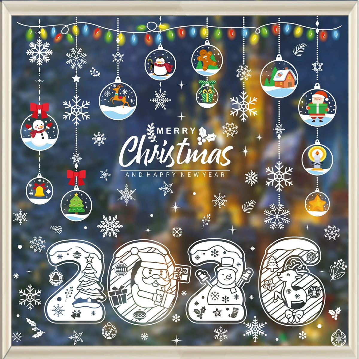 Красочные новогодние наклейки-шары на окна, статические наклейки на стекло для декора на Рождество и Новый год 2026, наклейки с снежинками и домиками из снега