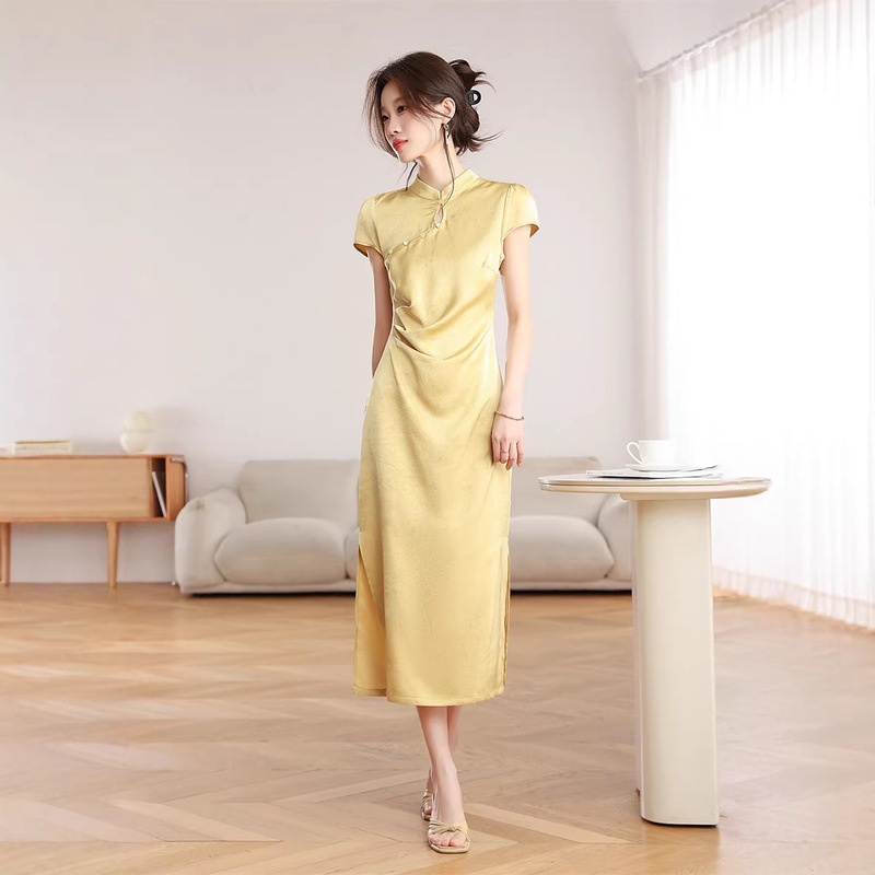 Gentle and Sweet Satin Improved Cheongsam Dress with Irregular Waistline, Women's 2026 New Style National Style Slit Long Dress