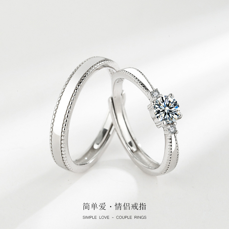 S925 sterling silver couple ring a pair of personalized ins style men's and women's ring niche design Diamond-embedded open ring