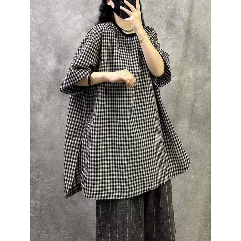 Новые летние топы из хлопка и льна в клетку для женщин, элегантные льняные футболки, свободные большие размеры, элегантный стиль.