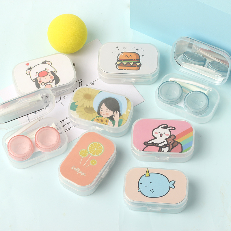 卡通隐形眼镜盒子便携伴侣盒美瞳护理盒双联盒PP盒带镜子批发