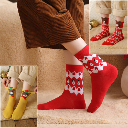 Autumn and winter Christmas socks for women, cute mid-calf socks, elk socks, big red Christmas gifts, Santa Claus socks
