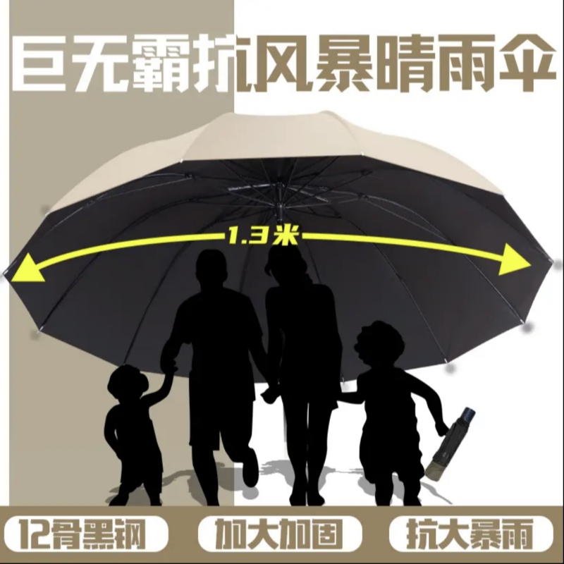 12-Rib Extra-Large Manual Umbrella for Men and Women, Suitable for Both Sunny and Rainy Weather, Uv Protection, Three-Person Heavy Rain Umbrella with Logo Printing