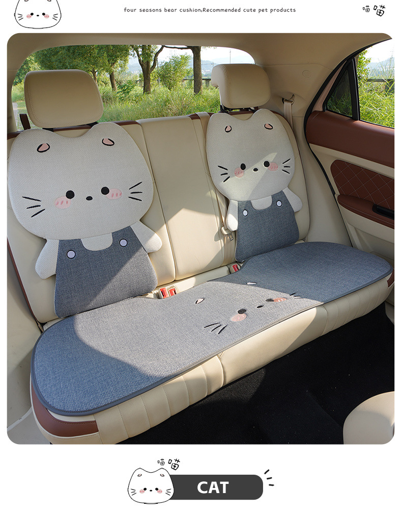 Linen Car Seat Cushion, Universal for All Seasons, Breathable, Rear Seat Cushion with 3D Cute Cat Cartoon Design, Cute Female Seat Cover