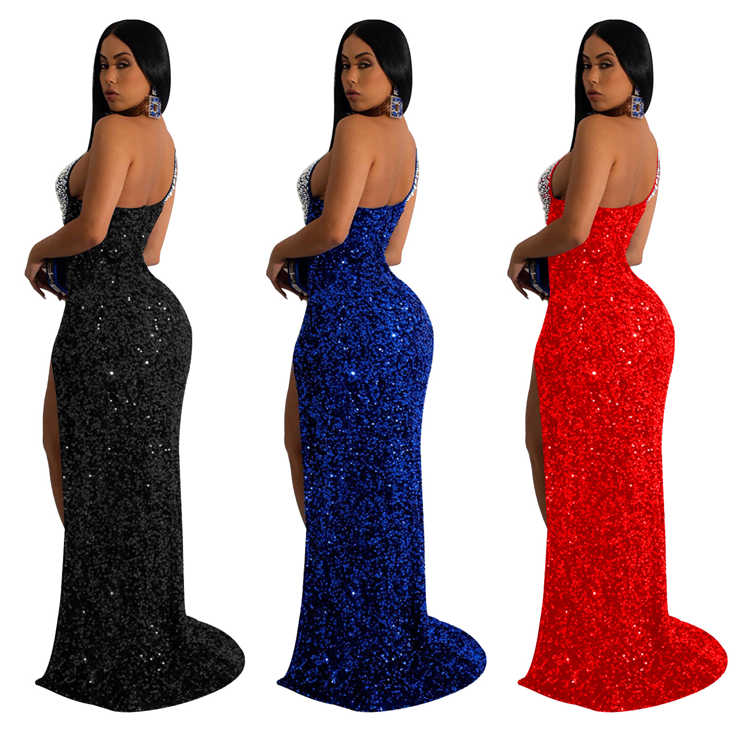 C6365 transfronterizo AliExpress Amazon europeo y americano de las mujeres de moda de color sólido rhinestone lentejuelas vestido sin mangas vestido image 6