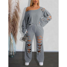 A 34475 Distressed Hoodie Two-piece Set ��ɫ�ƶ�������װ