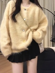 甜美奶黄色~温柔风软糯水貂绒针织开衫女秋季新款加厚单排扣外套