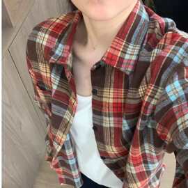原版质量2024春秋季女韩版复古港味POLO领学生格子宽松外套衬衣