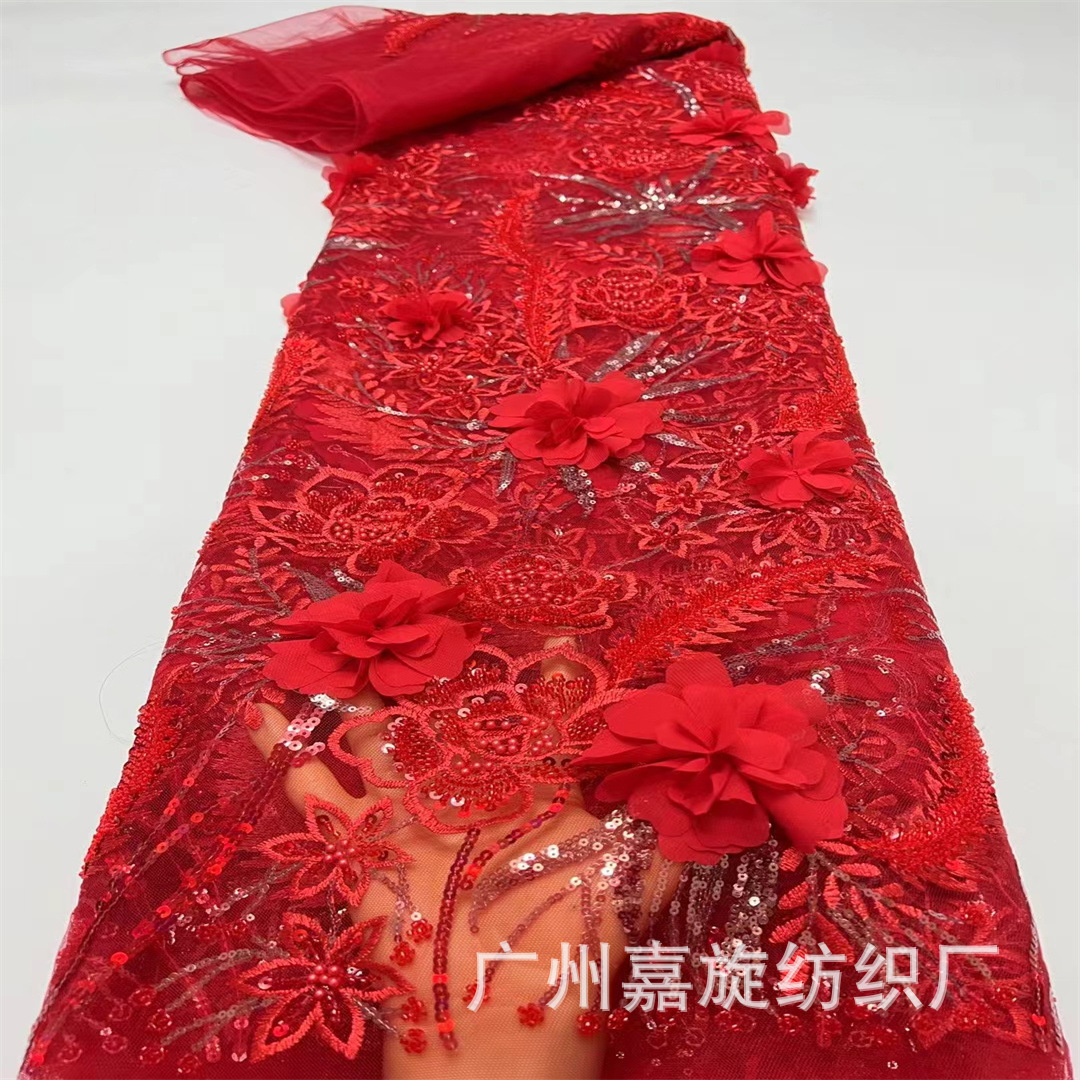 Nuevo clavos de cuentas de plumas de flores de sequilla tela bordada flor hecha a mano vestido de boda cheongsam tela de encaje de malla