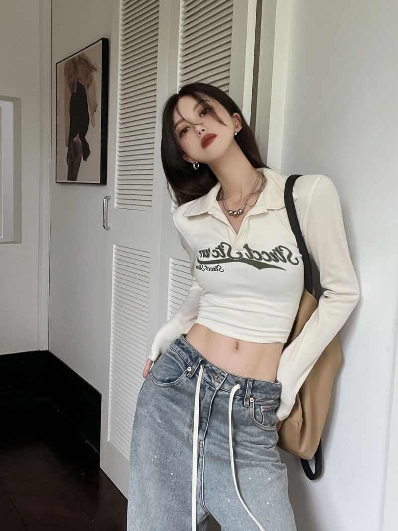 Vintage American Style Hot Girl T-Shirt For Women, Spring And Autumn Long Sleeve Short Jazz Dance Slim Fit Inner Wear_ecoleips.com
