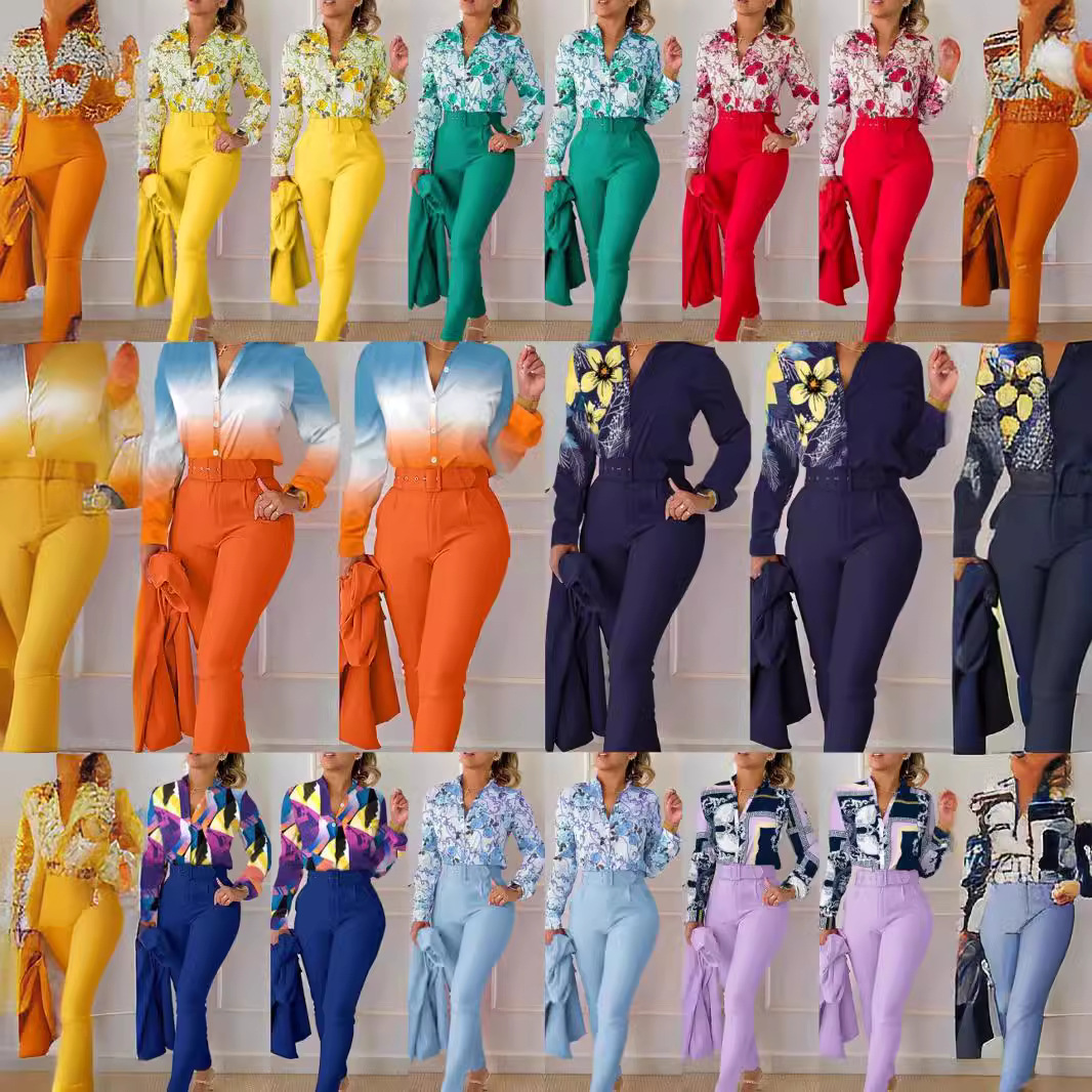 European and American Foreign Trade Women's Cross-border New Casual suit Printed Collar Long Sleeve Shirt Top Trousers Two-piece Set