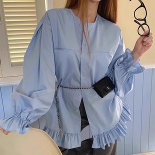 Korean autumn niche design round neck splicing ruffled loose mid-length trumpet sleeve shirt for women