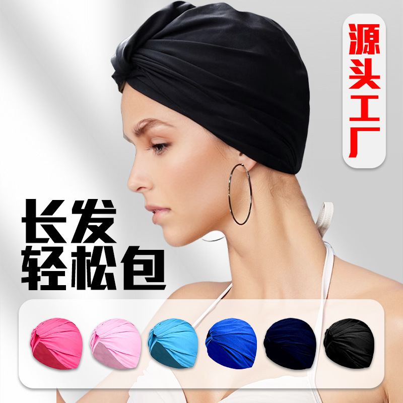 Gorro de baño protección para los oídos de moda para mujer, aumento de la cabeza, cabello largo, circunferencia de la cabeza grande para adultos, gorro plisado de flores retorcidas multicolor al por mayor