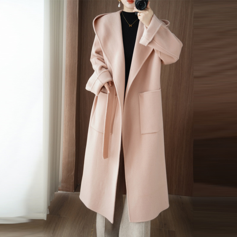 Korean Style Loose Large Size Double-Sided Wool Outwear Women's Long Hooded Lace-Up Woolen Outwear Women's Autumn and Winter Outwear