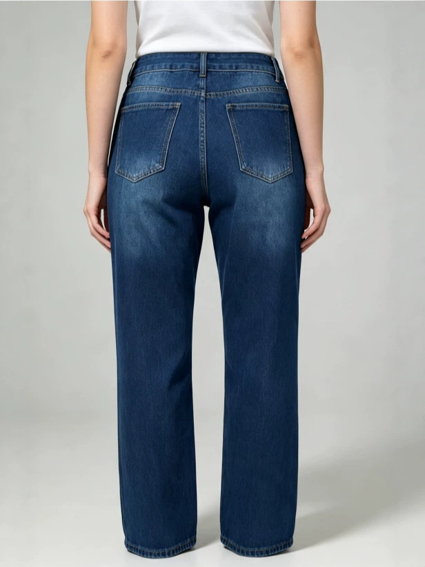 Jeans Rectos de Cintura Alta para Mujer de Mezclilla de Algodón, Sin Elasticidad, Lavado con Agua, para Uso Casual
