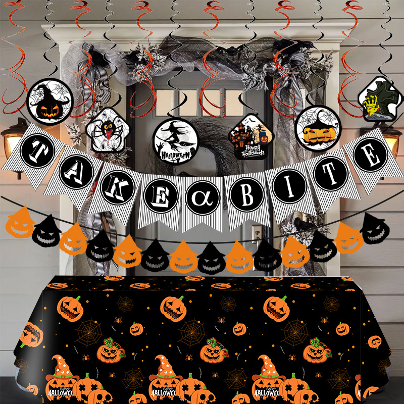 Decoración de Halloween tira banderas impresas calabazas de Halloween Espantapájaros tira flores colgante fantasma set fiesta fantasma