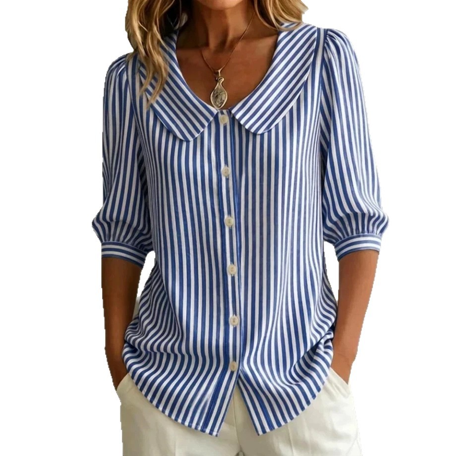 Women's Classic Stripe Summer Shirt Breathable Casual Long Sleeve Top Versatile Office And Weekend Wear_ecoleips.com
