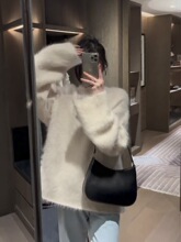 白色水貂绒加厚套头毛衣女秋冬冬季宽松慵懒风设计感小众针织上衣