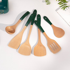 Dark Green-Handled Beech Wood Spatula Set, Wooden Spatula for Home Use, Non-Stick Pan Cooking Spatula & Soup Spoon&mdash;Wholesale Wooden Kitchen Utensils