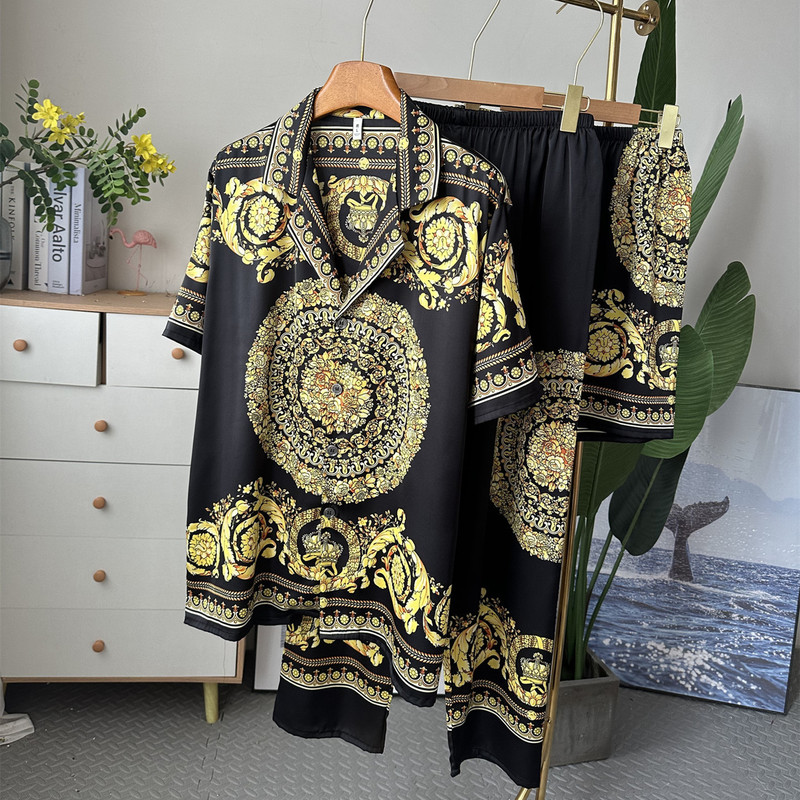 Fashion European and American Style Men's Ice Silk Pajamas Spring and Summer Three-Piece Set Short-Sleeve Long Pants Cardigan Light Luxury Loungewear Set Fashion European and American Style Men's Ice Silk Pajamas Spring and Summer Three-Piece Set Short-Sleeve Long Pants Cardigan Light Luxury Loungewear Set
